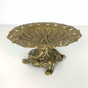 Pedestal Bowl Brass Cherubs Gold Colored Vtg Ornate Regal Fruit Tray Detailed